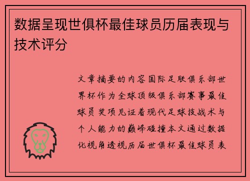 数据呈现世俱杯最佳球员历届表现与技术评分
