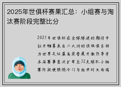 2025年世俱杯赛果汇总：小组赛与淘汰赛阶段完整比分
